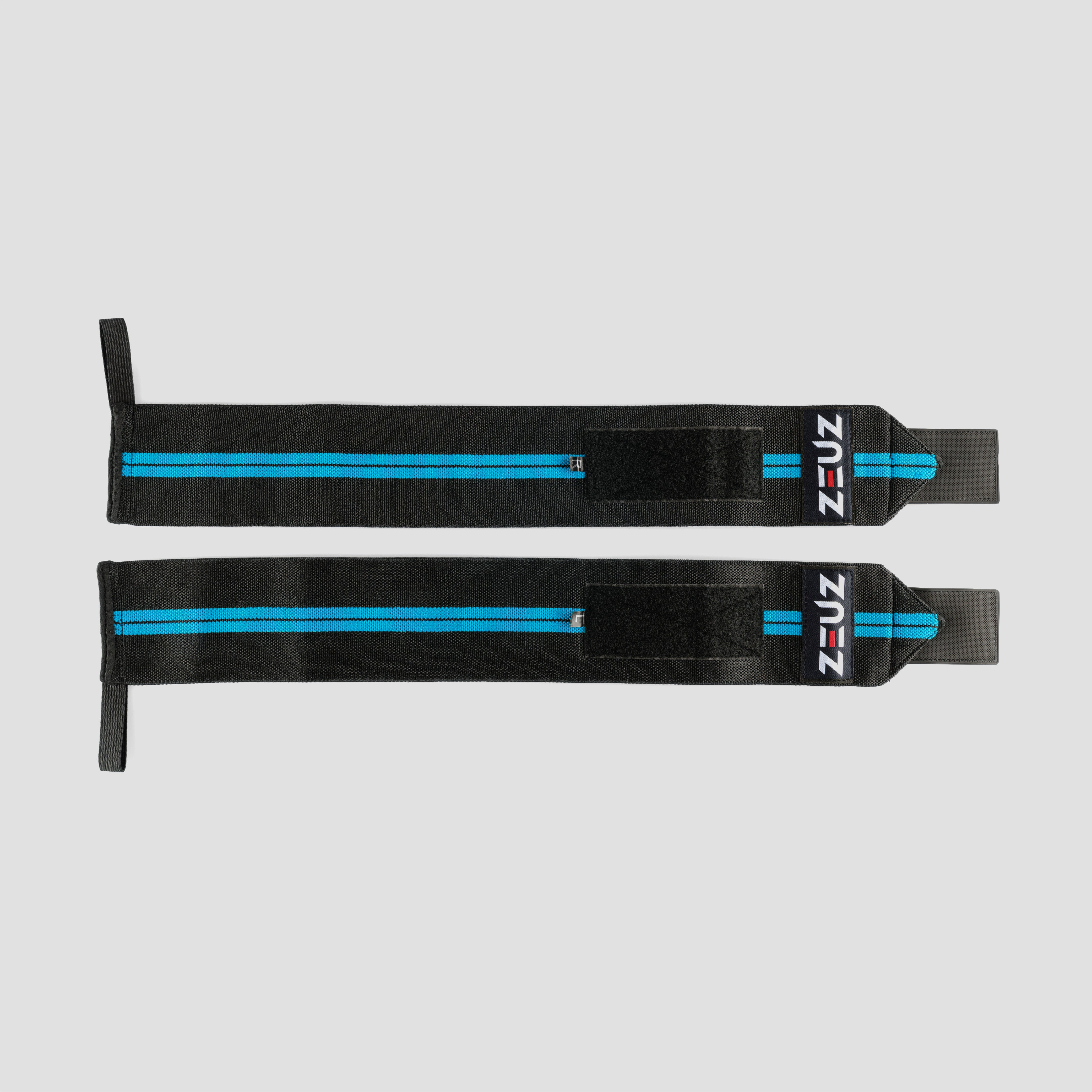 ZEUZ Wrist Wraps zwart met blauwe strepen – uitgerold om volledige lengte en structuur te tonen