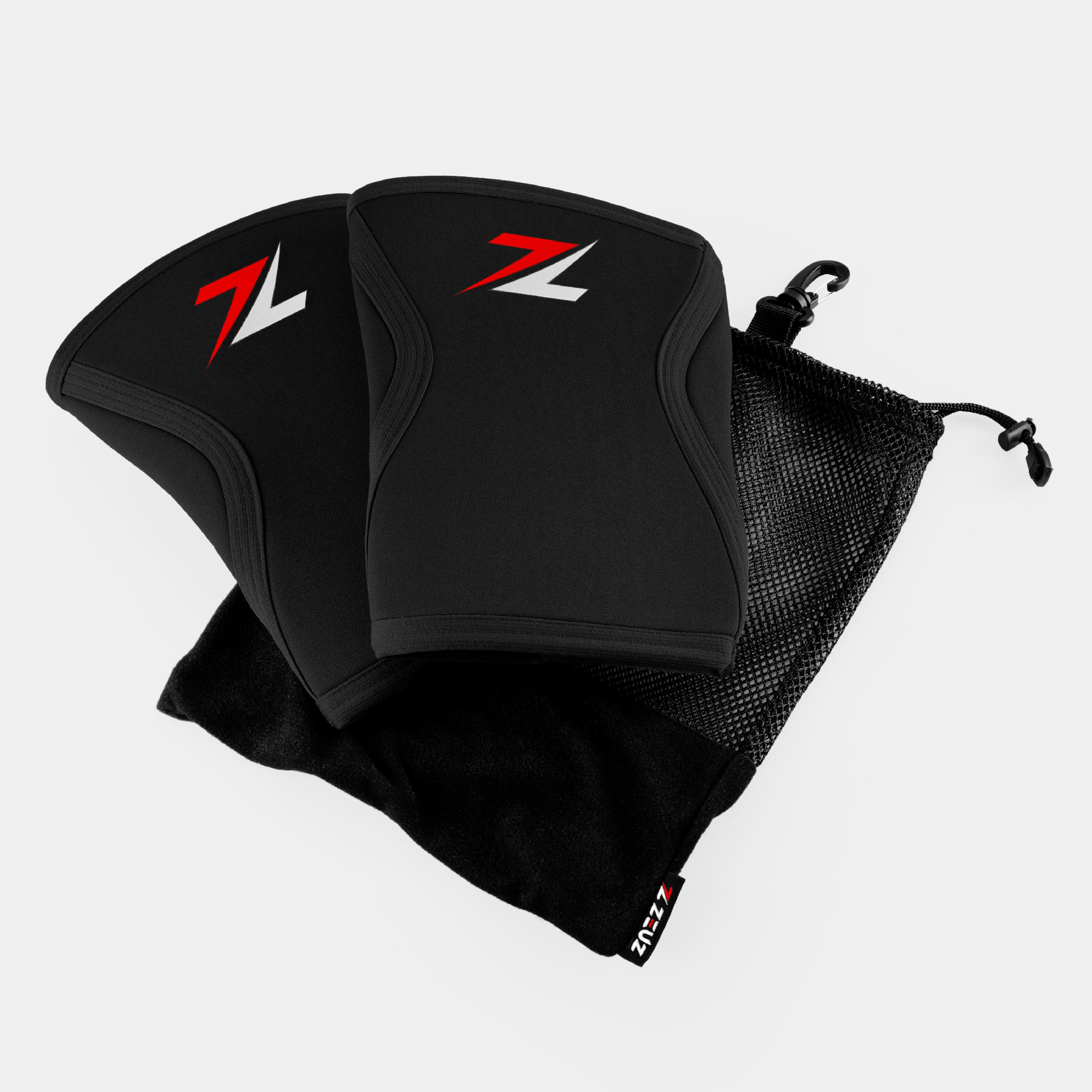 Zwarte ZEUZ Knee Sleeves inclusief mesh opbergzakje – ideaal voor transport en opslag