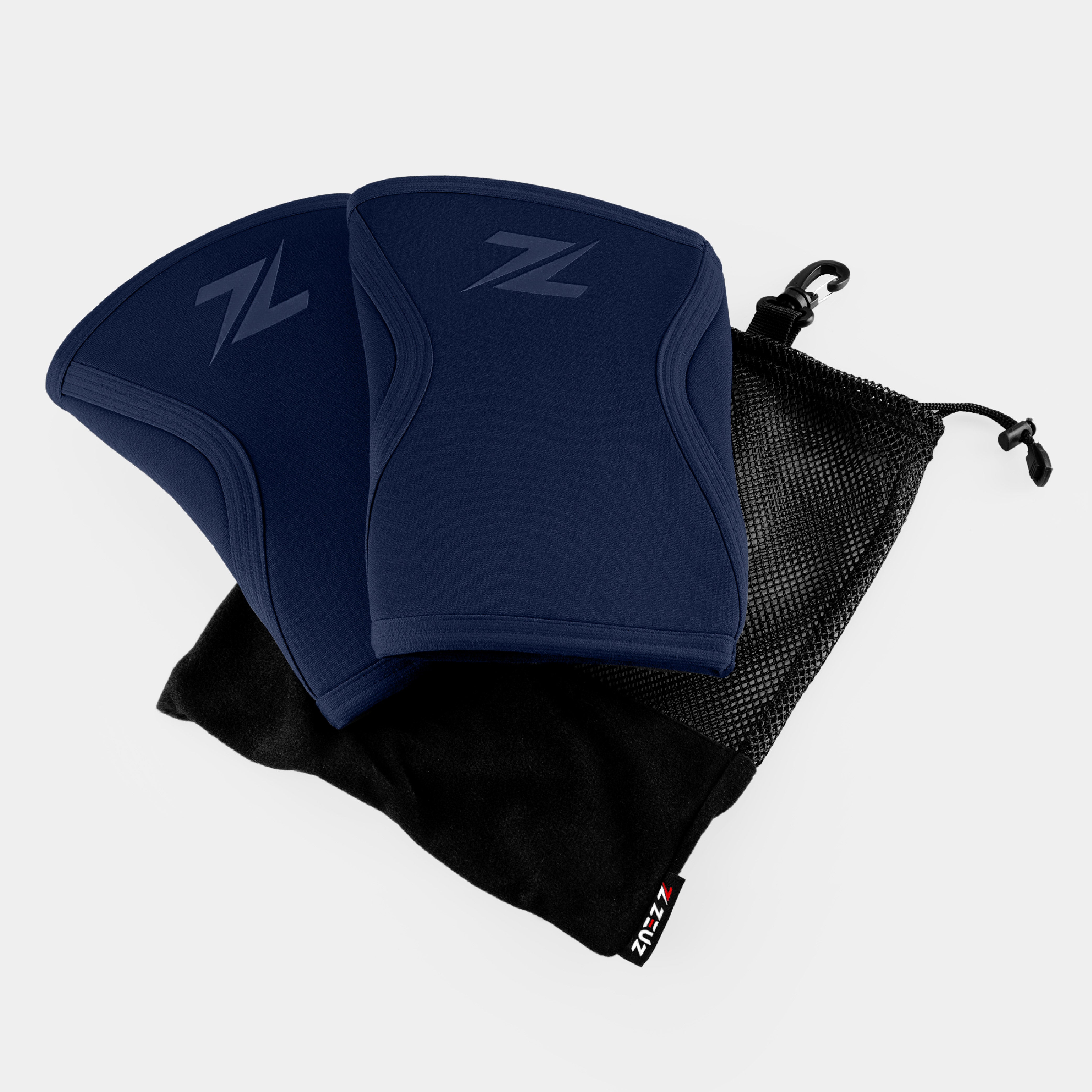 Blauwe ZEUZ Knee Sleeves inclusief mesh opbergzakje – ideaal voor transport en opslag