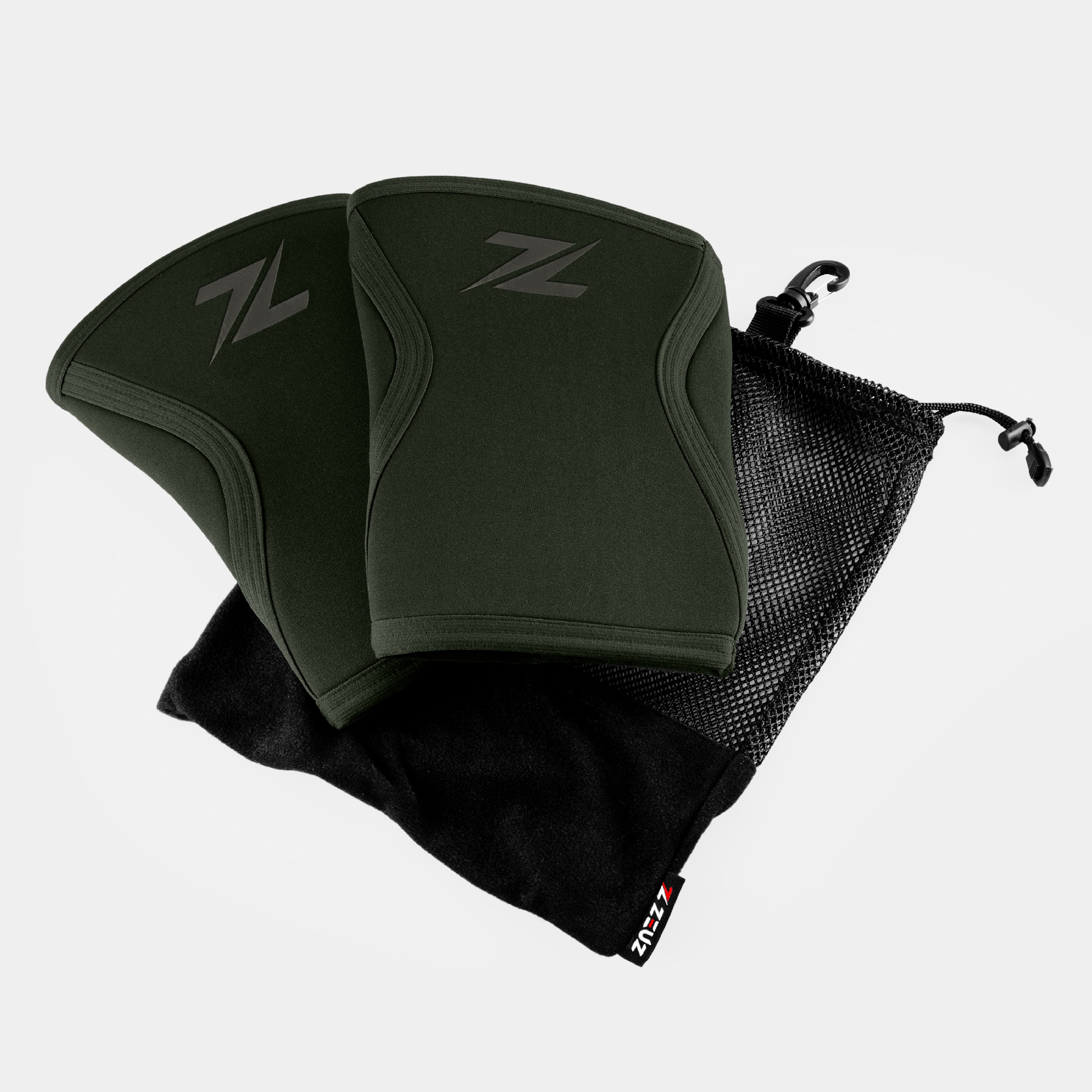 Legergroene ZEUZ Knee Sleeves inclusief mesh opbergzakje – ideaal voor transport en opslag