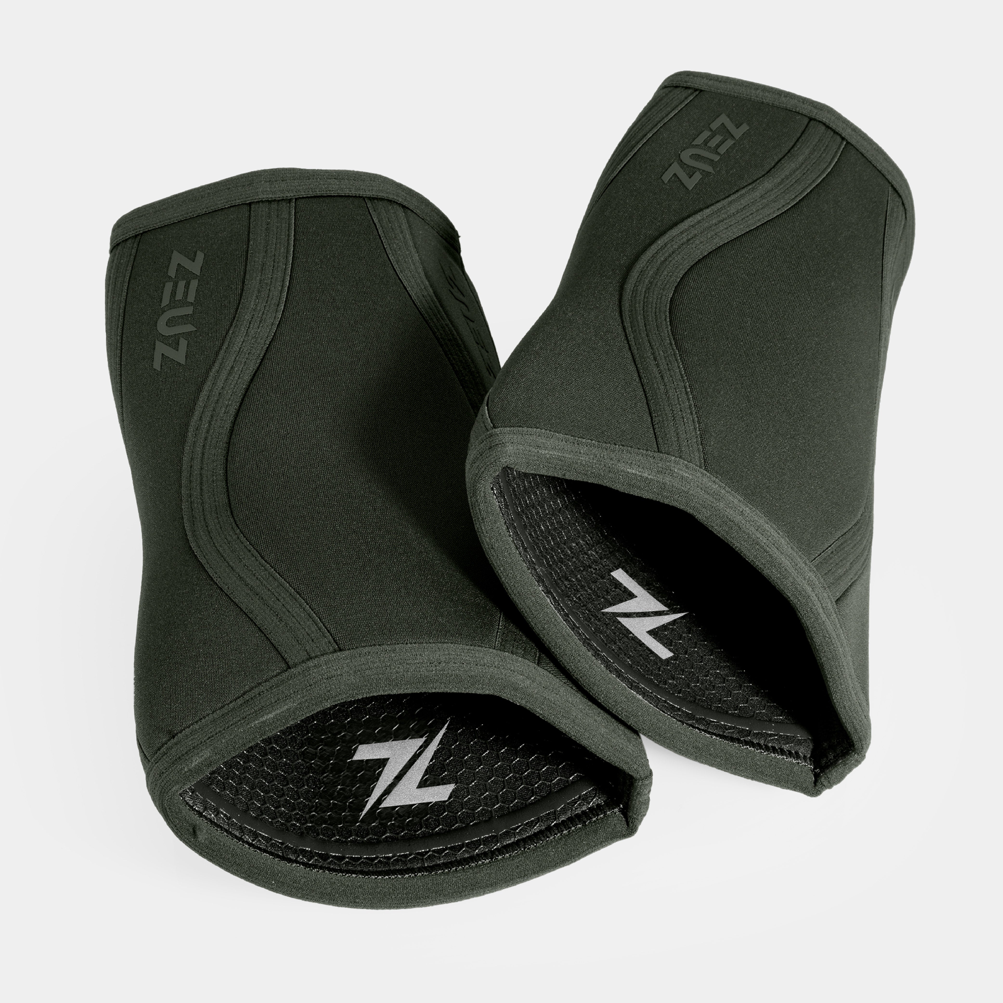Legergroene ZEUZ Knee Sleeves met zichtbare anti-slip binnenkant – voorkomt afzakken tijdens training