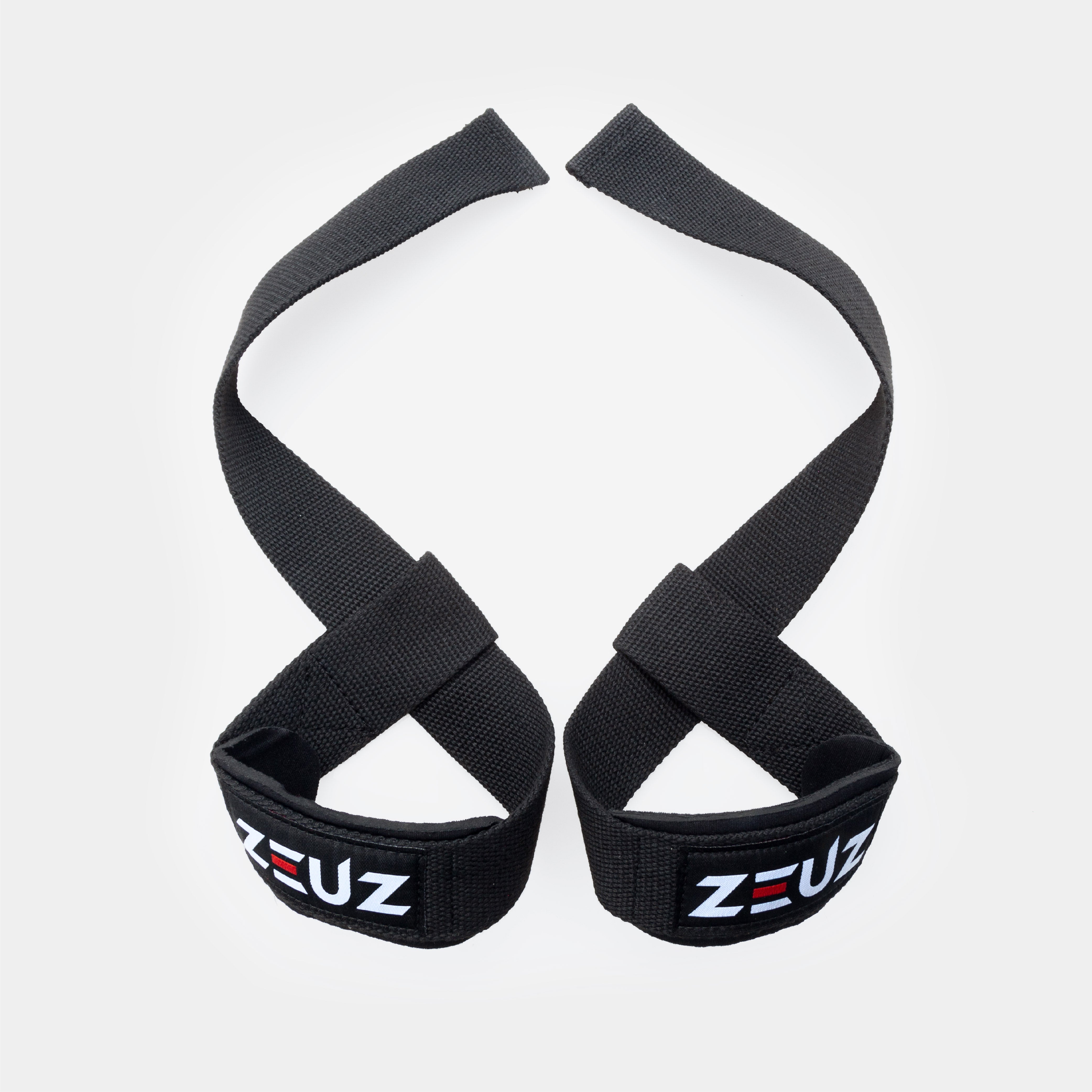 Vooraanzicht van ZEUZ Lifting Straps zwart – verstevigd stiksel en logo zichtbaar