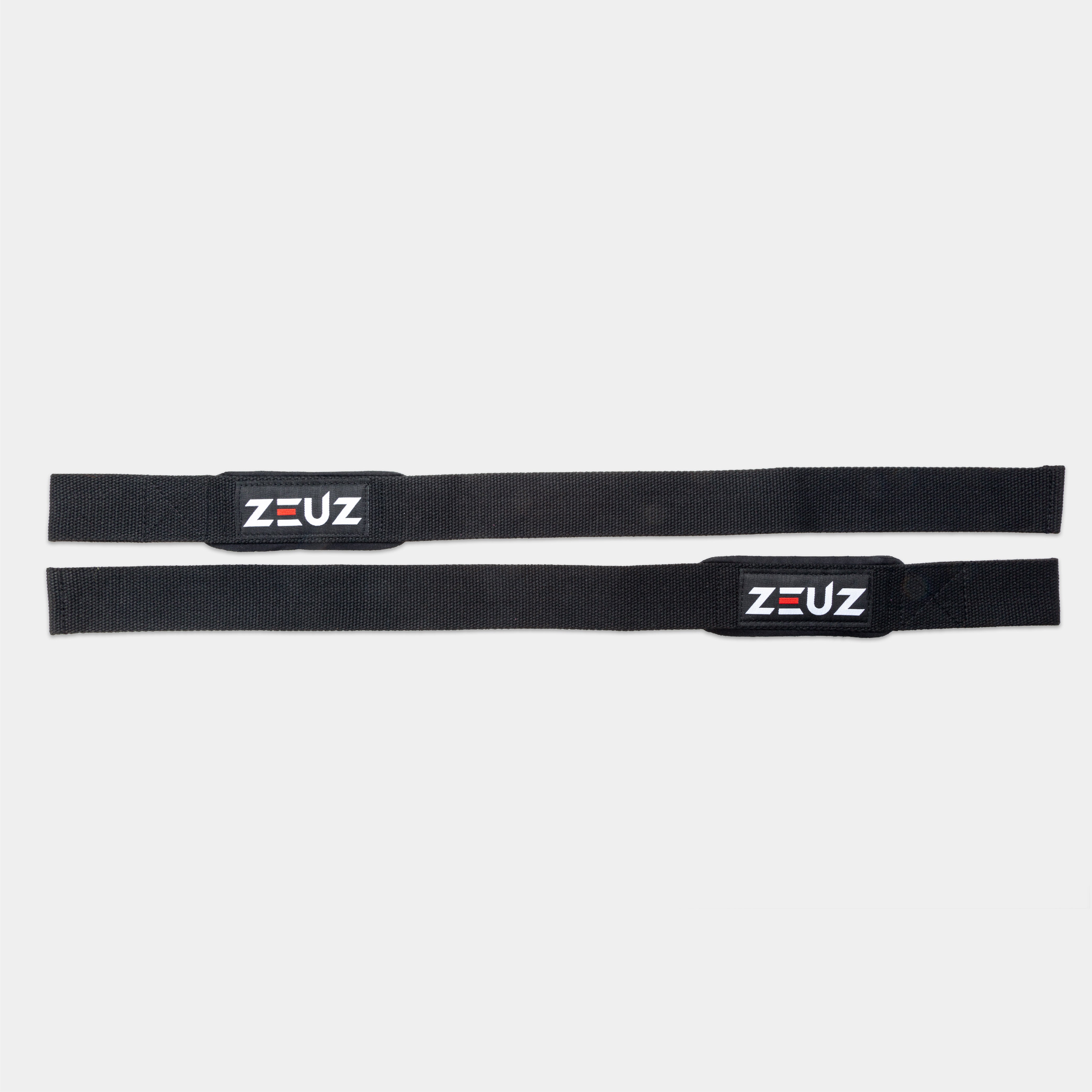 ZEUZ Lifting Straps zwart platgelegd – volledige lengte en lusstructuur zichtbaar