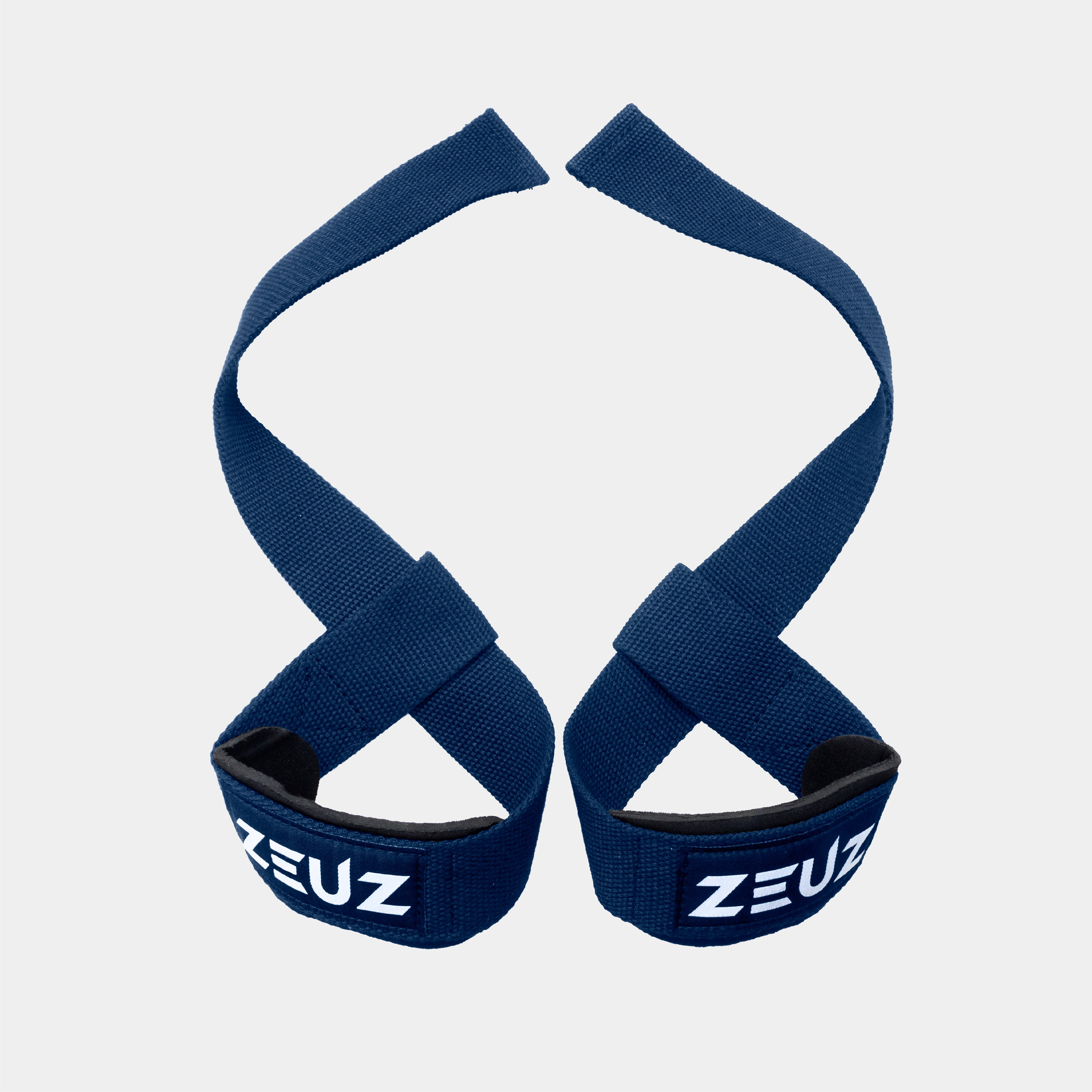 Vooraanzicht van ZEUZ Lifting Straps marineblauw – verstevigd stiksel en logo zichtbaar