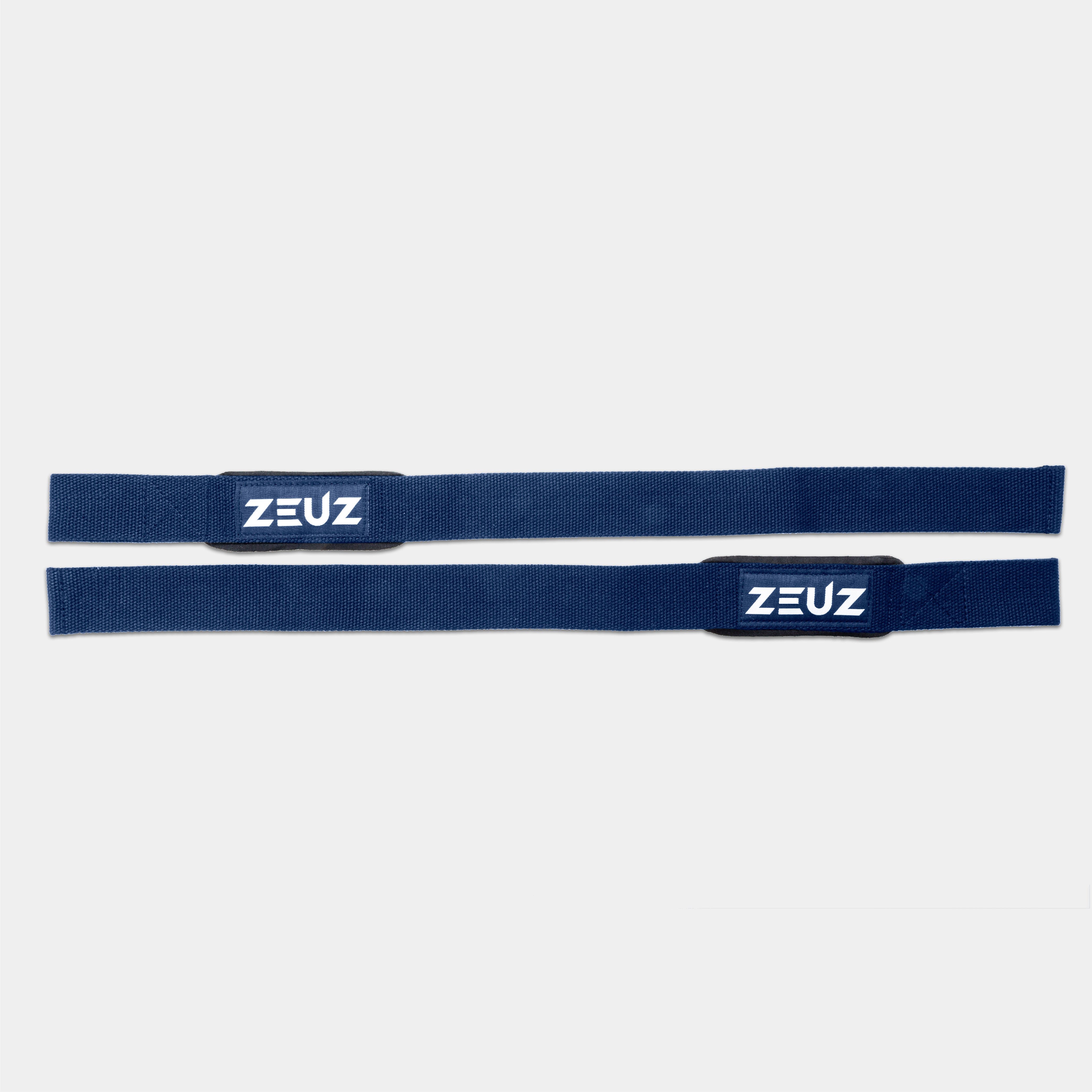 ZEUZ Lifting Straps marineblauw platgelegd – volledige lengte en lusstructuur zichtbaar