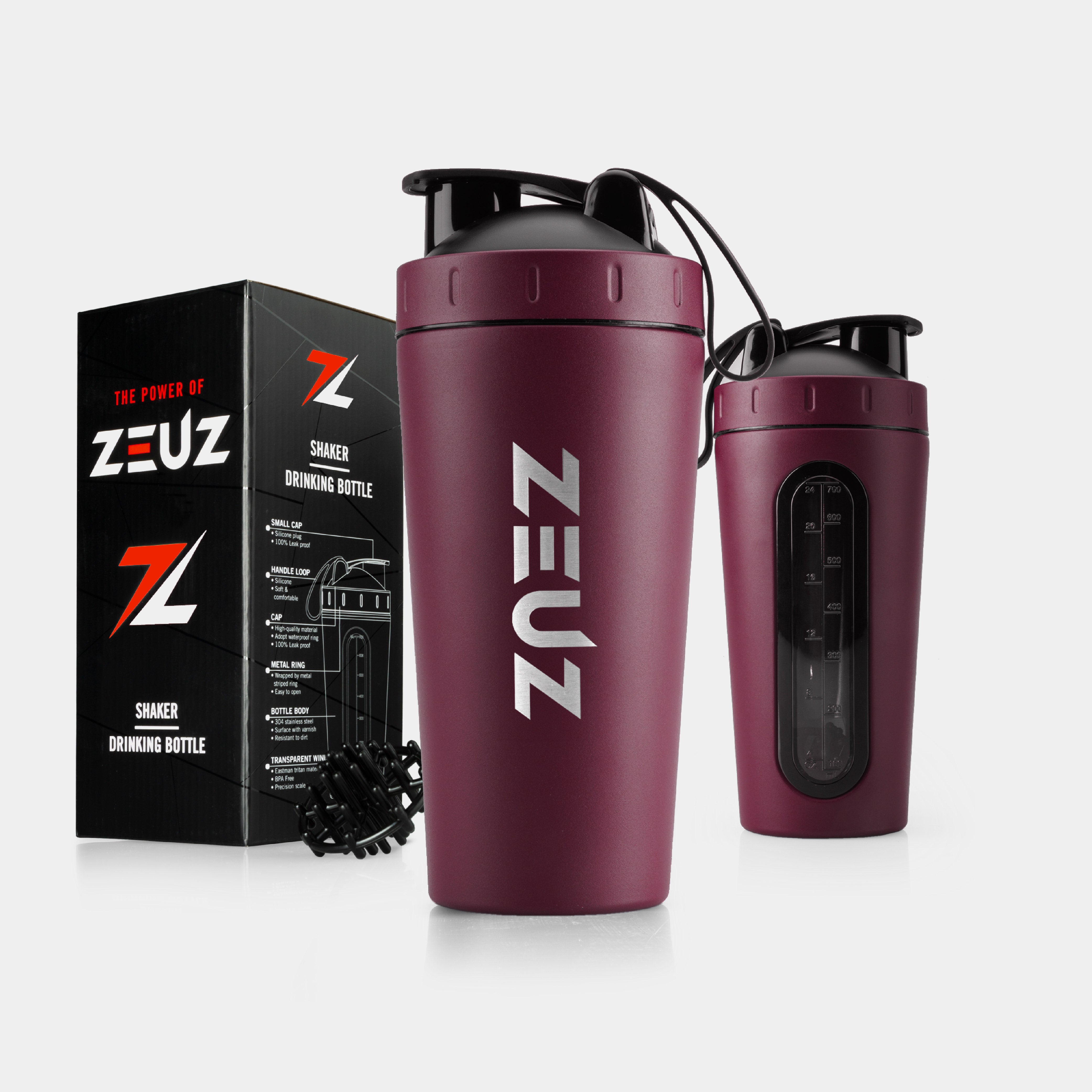 ZEUZ Premium RVS Shakebeker Bordeauxrood – duurzame metalen eiwitshaker met deksel