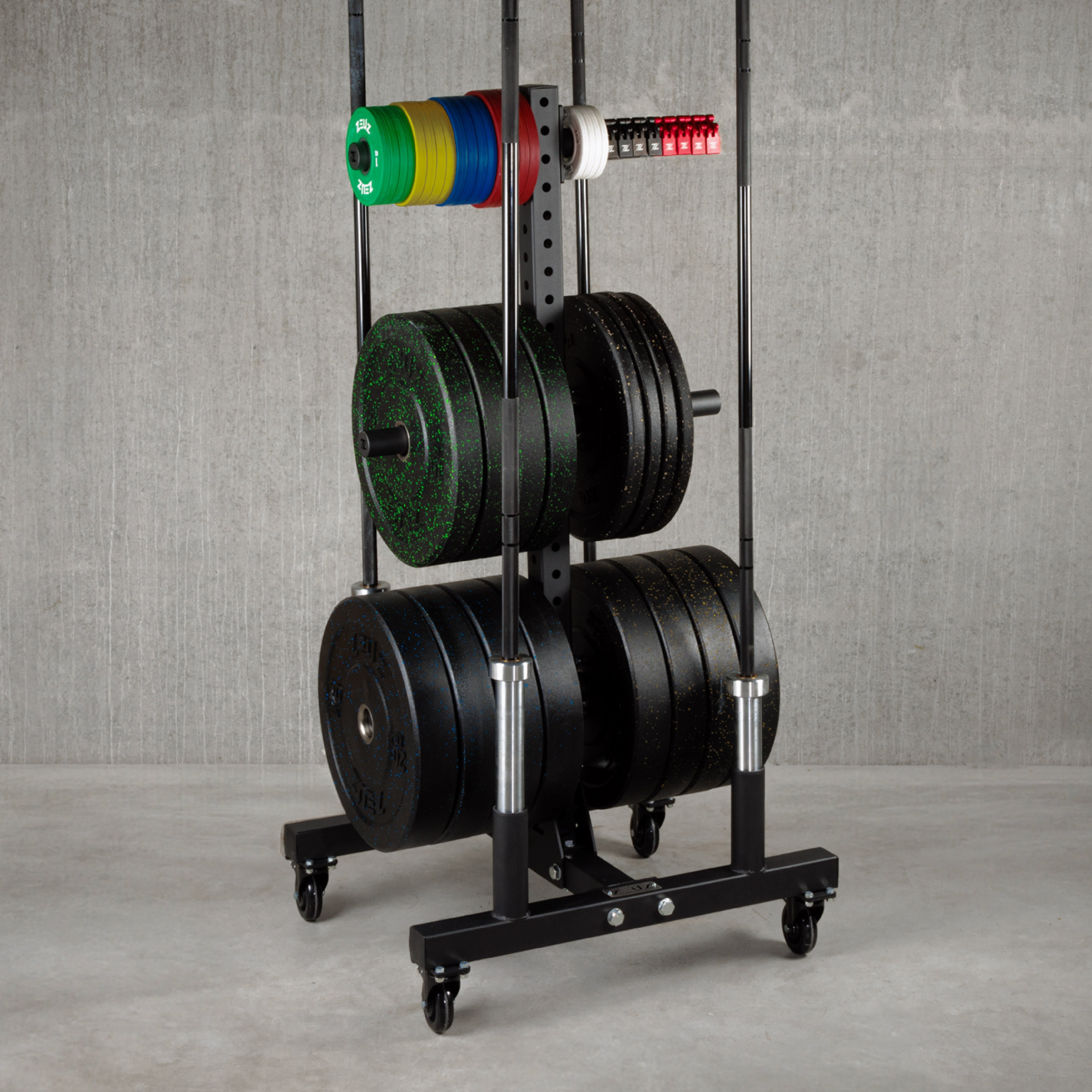 Sistema móvil de almacenamiento de pesas y barras verticales ZEUZ