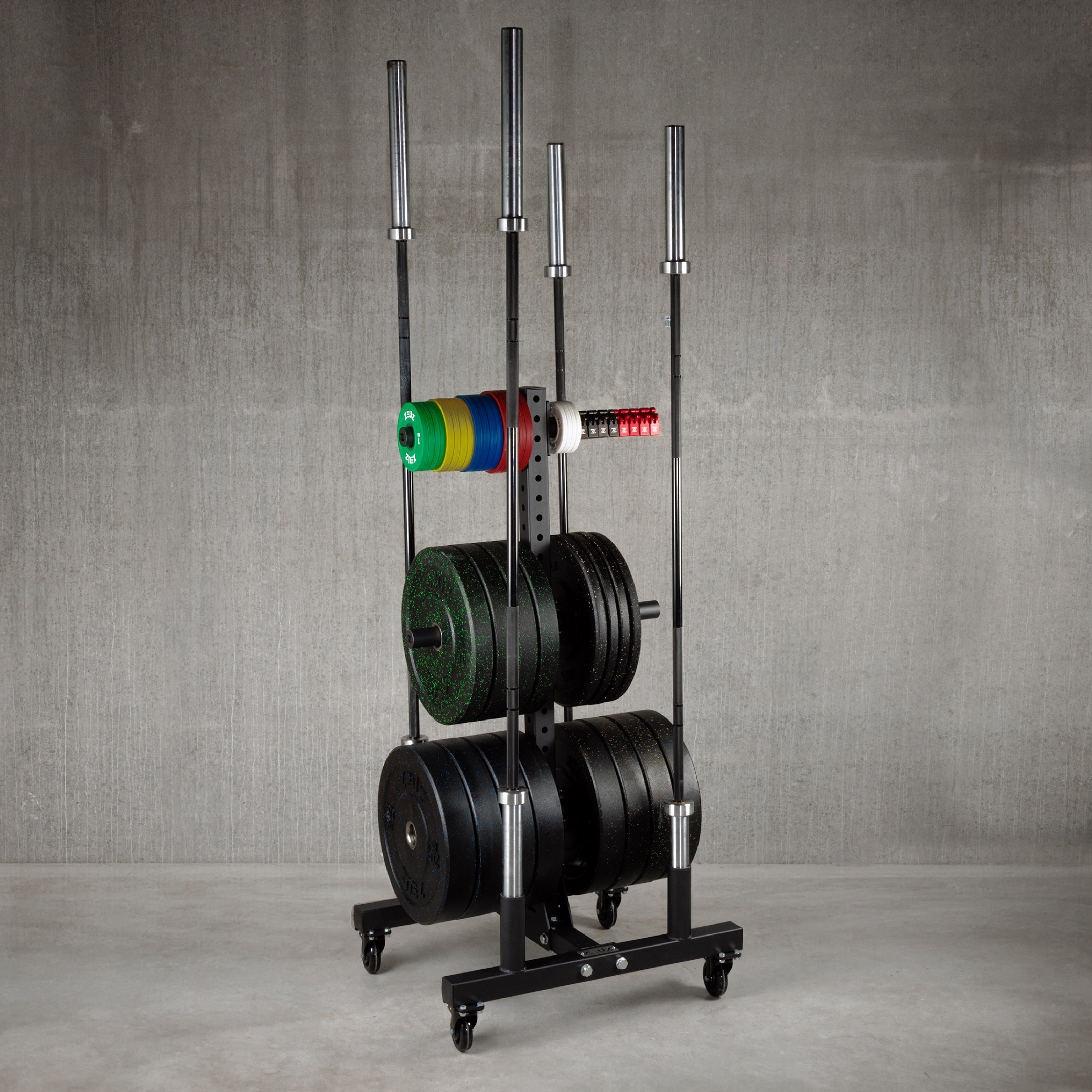Sistema móvil de almacenamiento de pesas y barras verticales ZEUZ