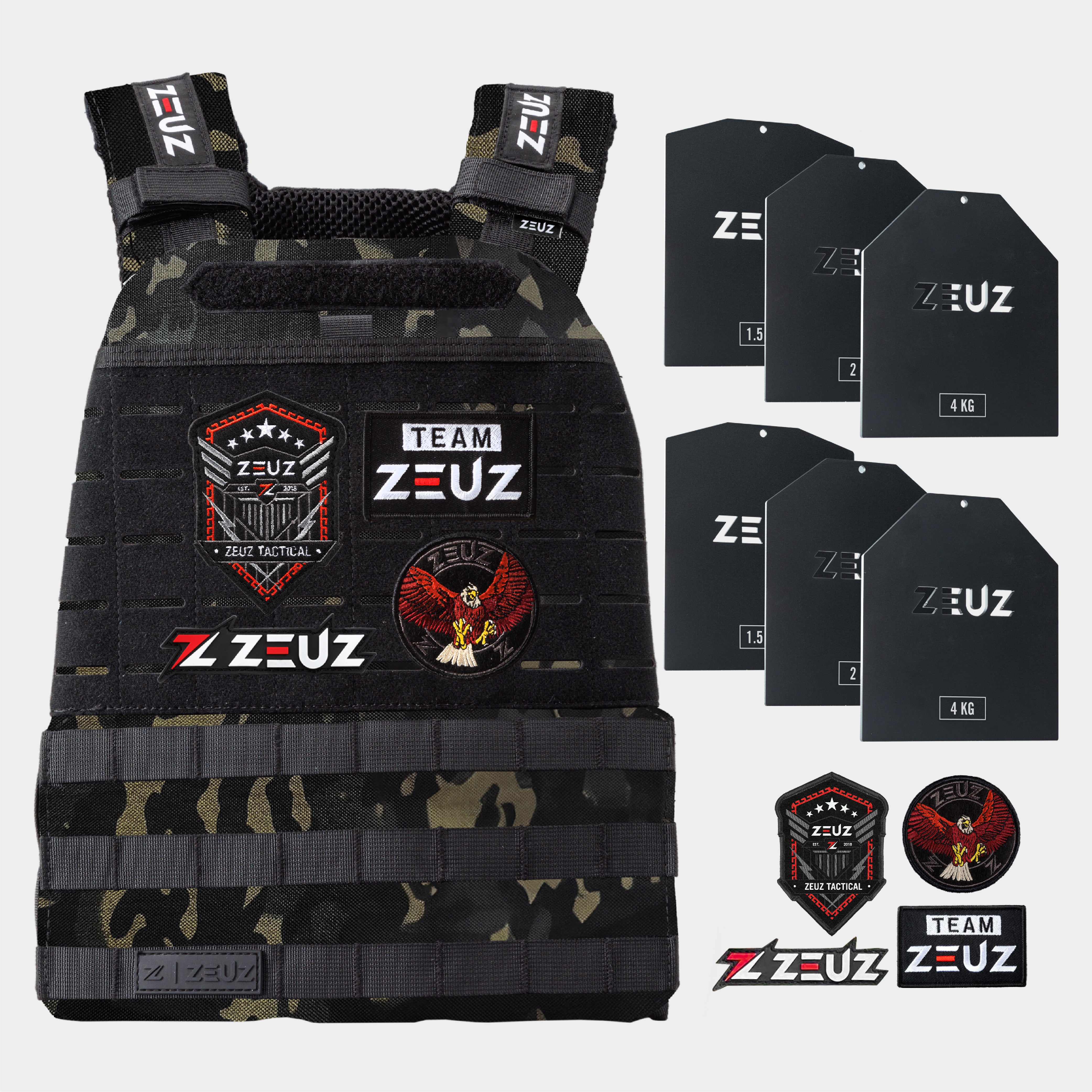 ZEUZ Gewichtsvest Camouflage – complete set met vest, gewichtsplaten en patches – 16,5 kg totaalgewicht