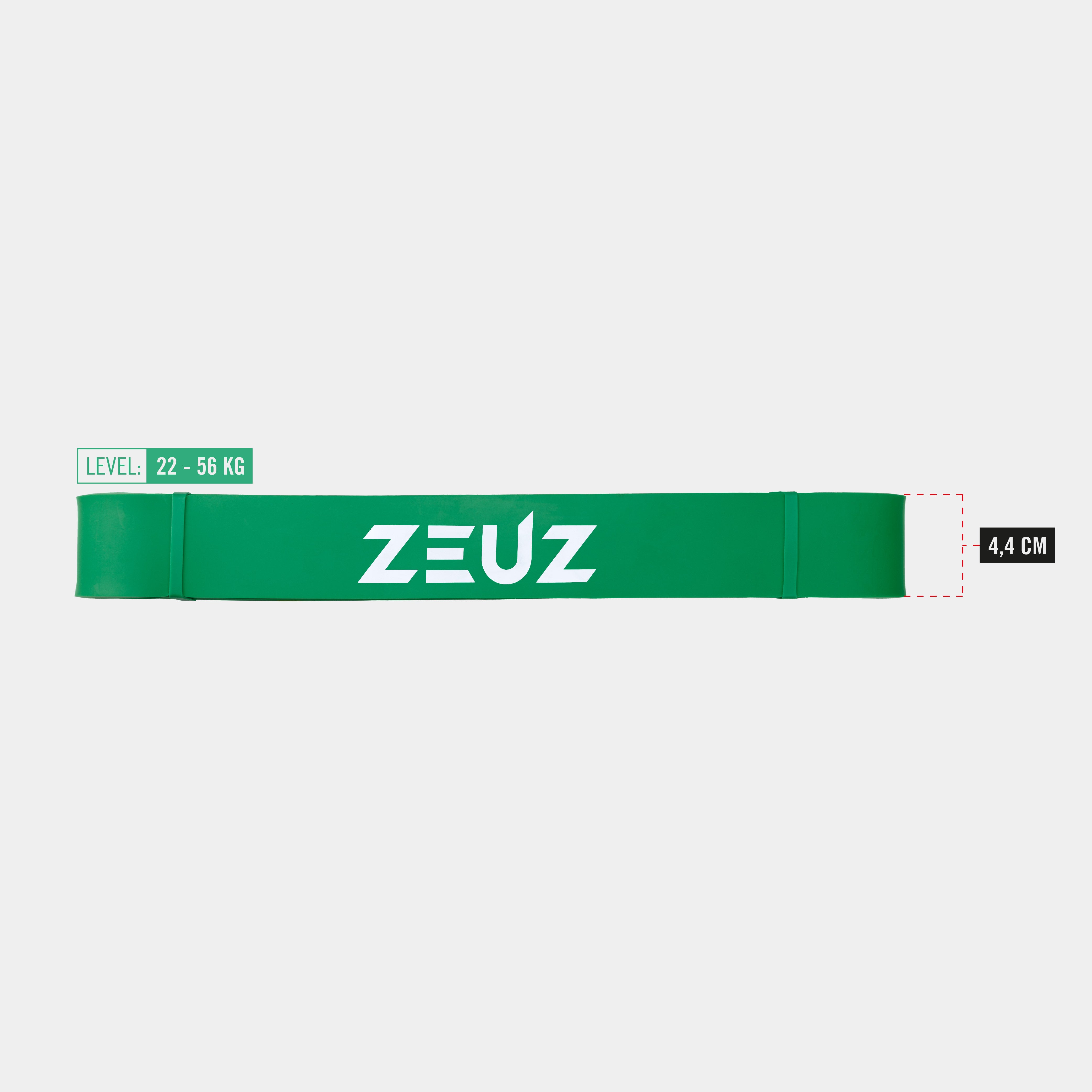 Weerstandsniveau en afmetingen van ZEUZ Powerband groen (22 tot 56 kg)