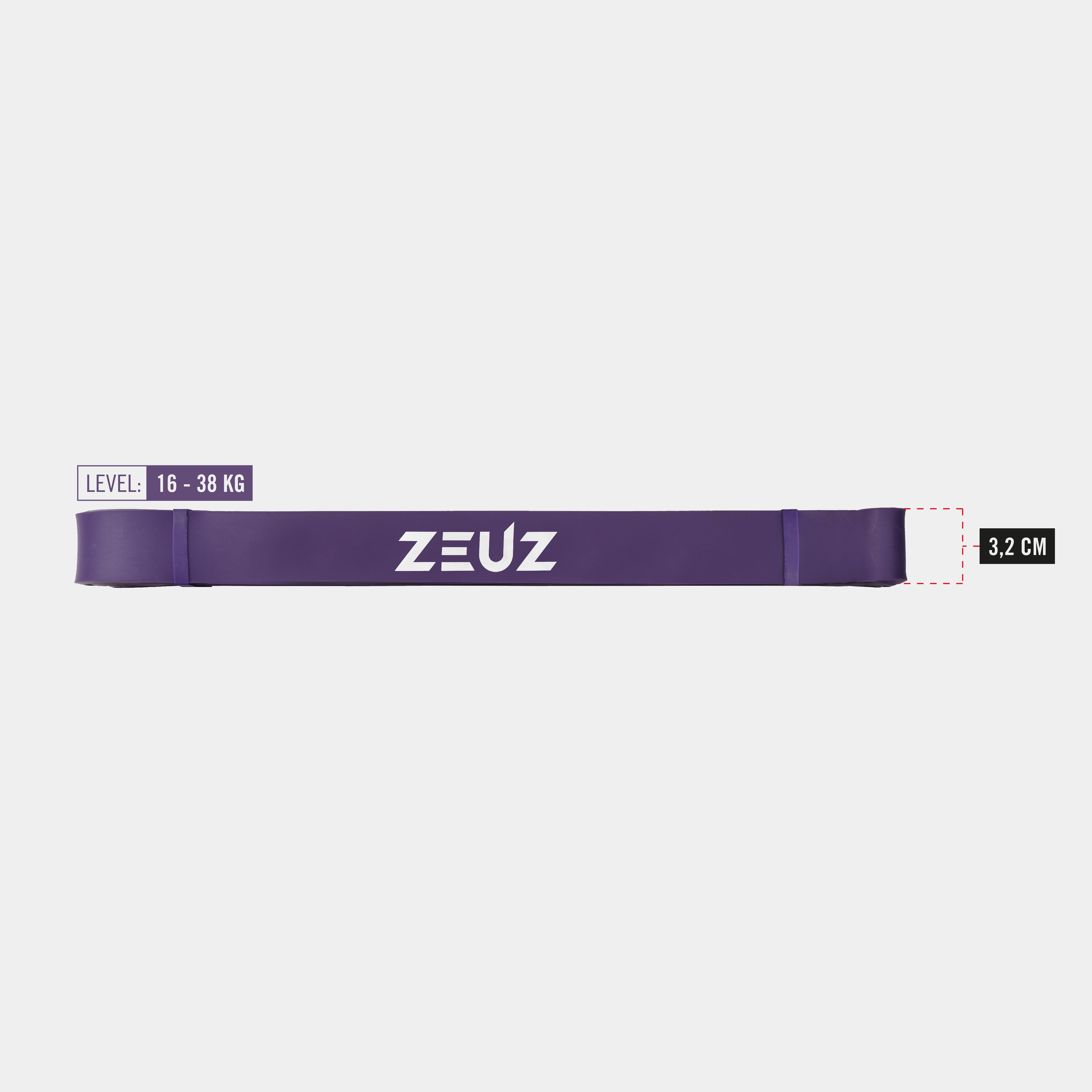 Weerstandsniveau en afmetingen van ZEUZ Powerband paars (16 tot 38 kg)