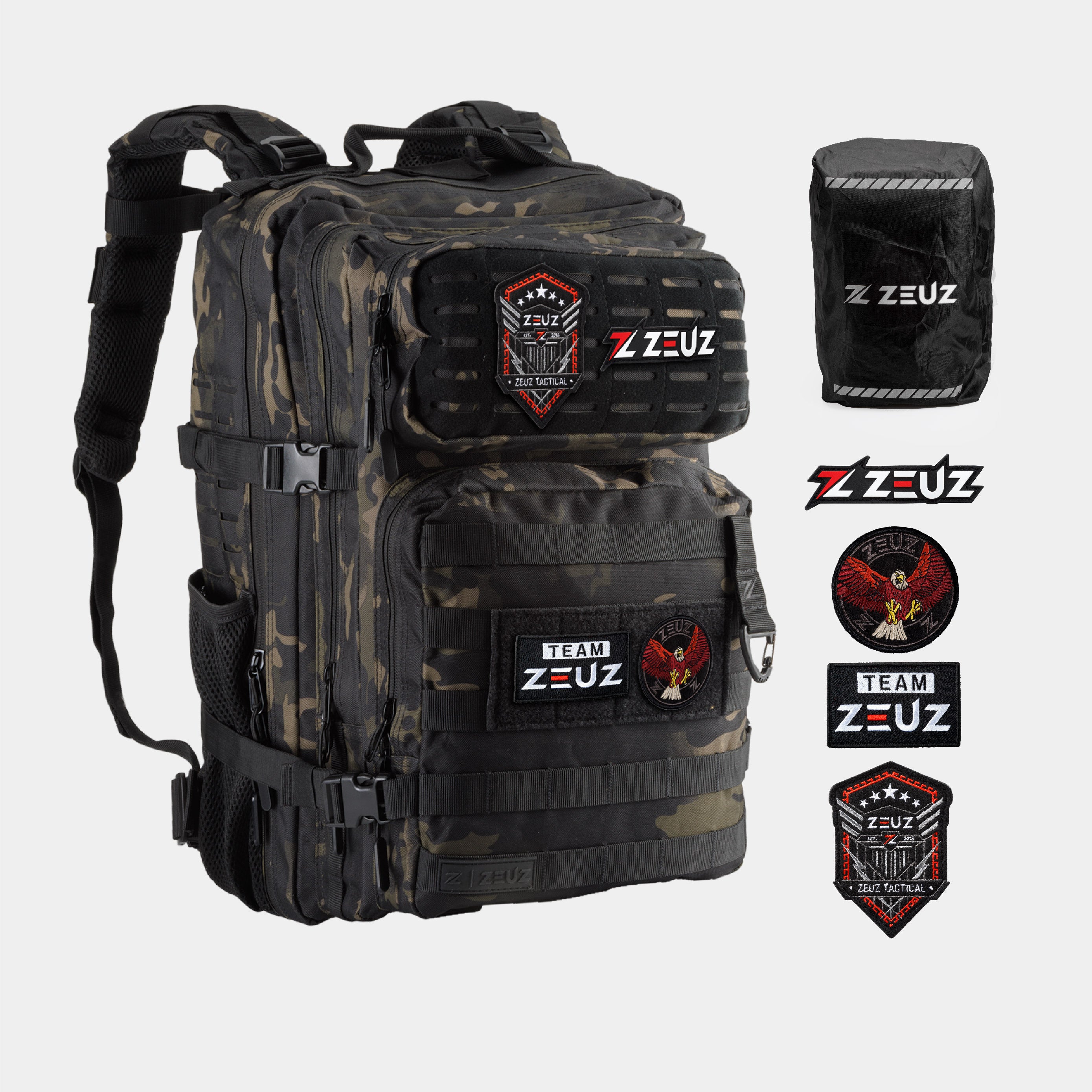 ZEUZ Tactical Rugzak camouflage – complete set met 4 patches en regencover