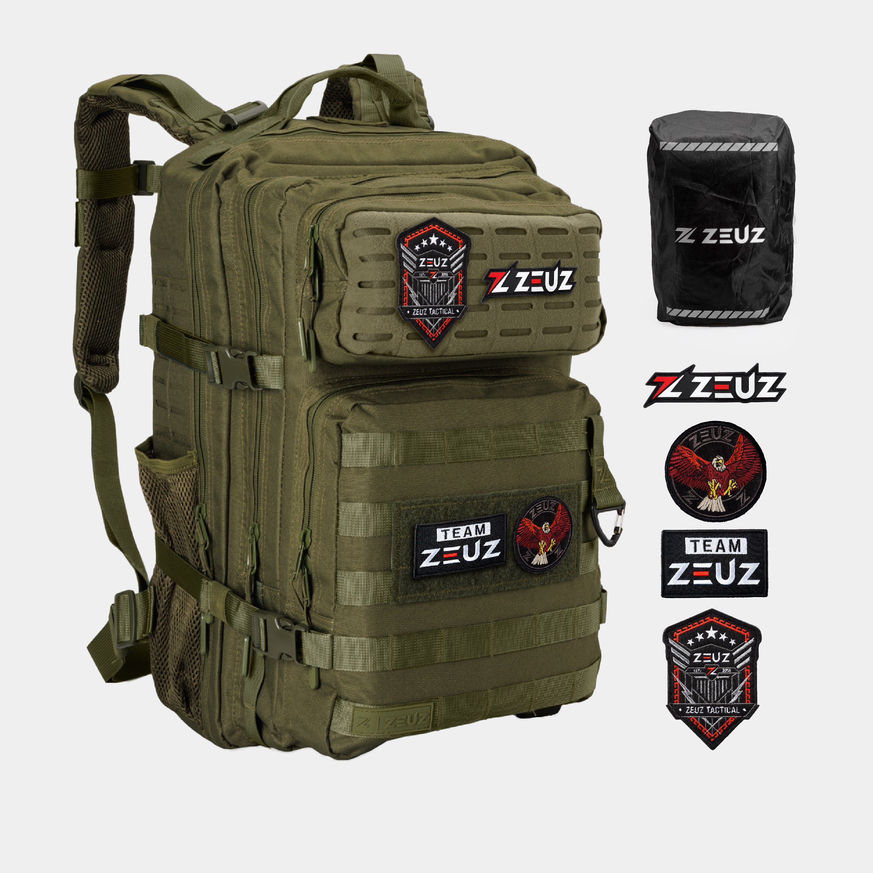 ZEUZ Tactical Rugzak legergroen – complete set met 4 patches en regencover