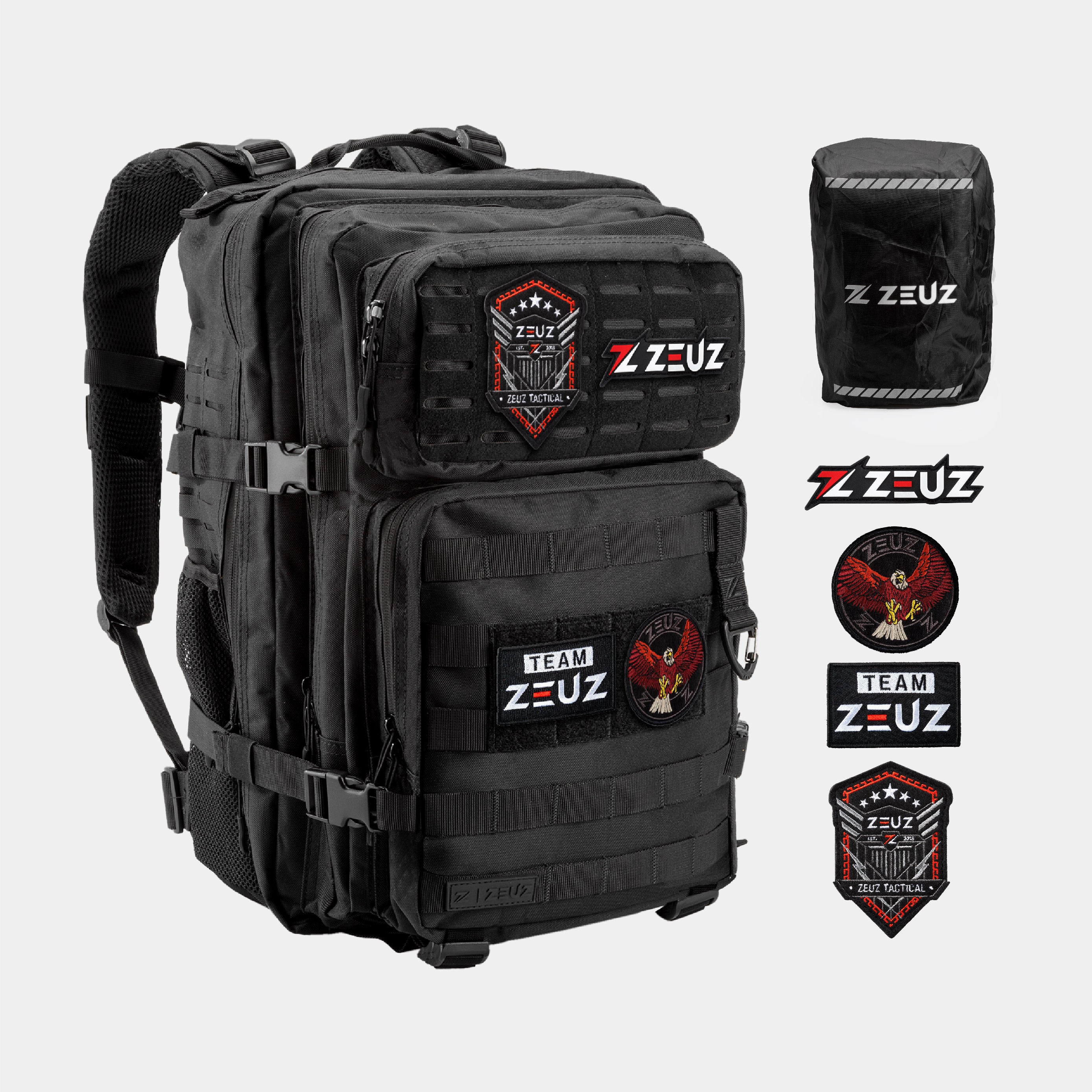 ZEUZ Tactical Rugzak zwart – complete set met 4 patches en regencover