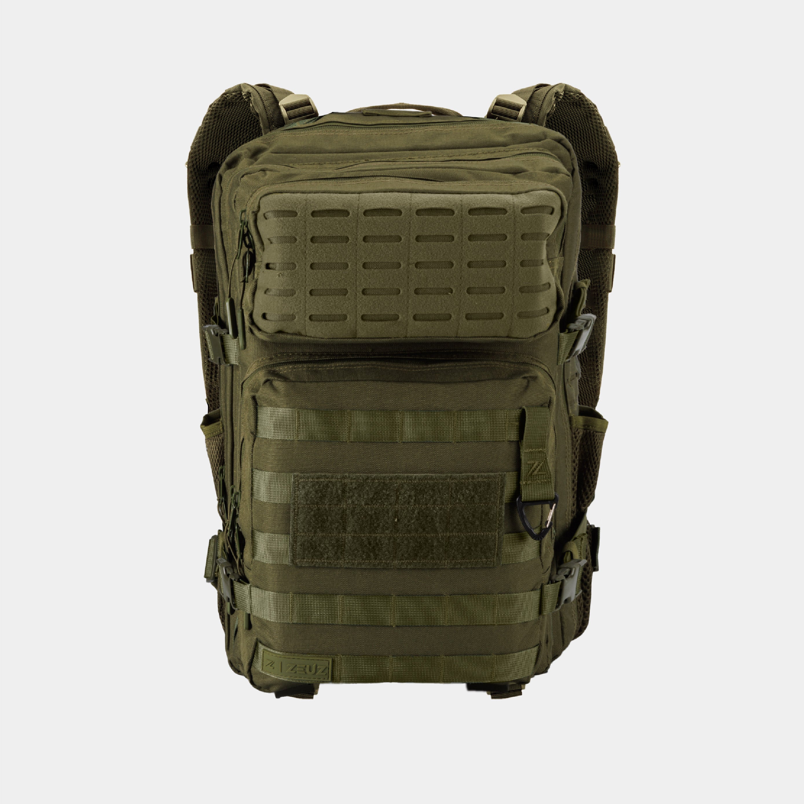 Voorkant van de ZEUZ Tactical Rugzak legergroen – voorzien van klittenband voor patches