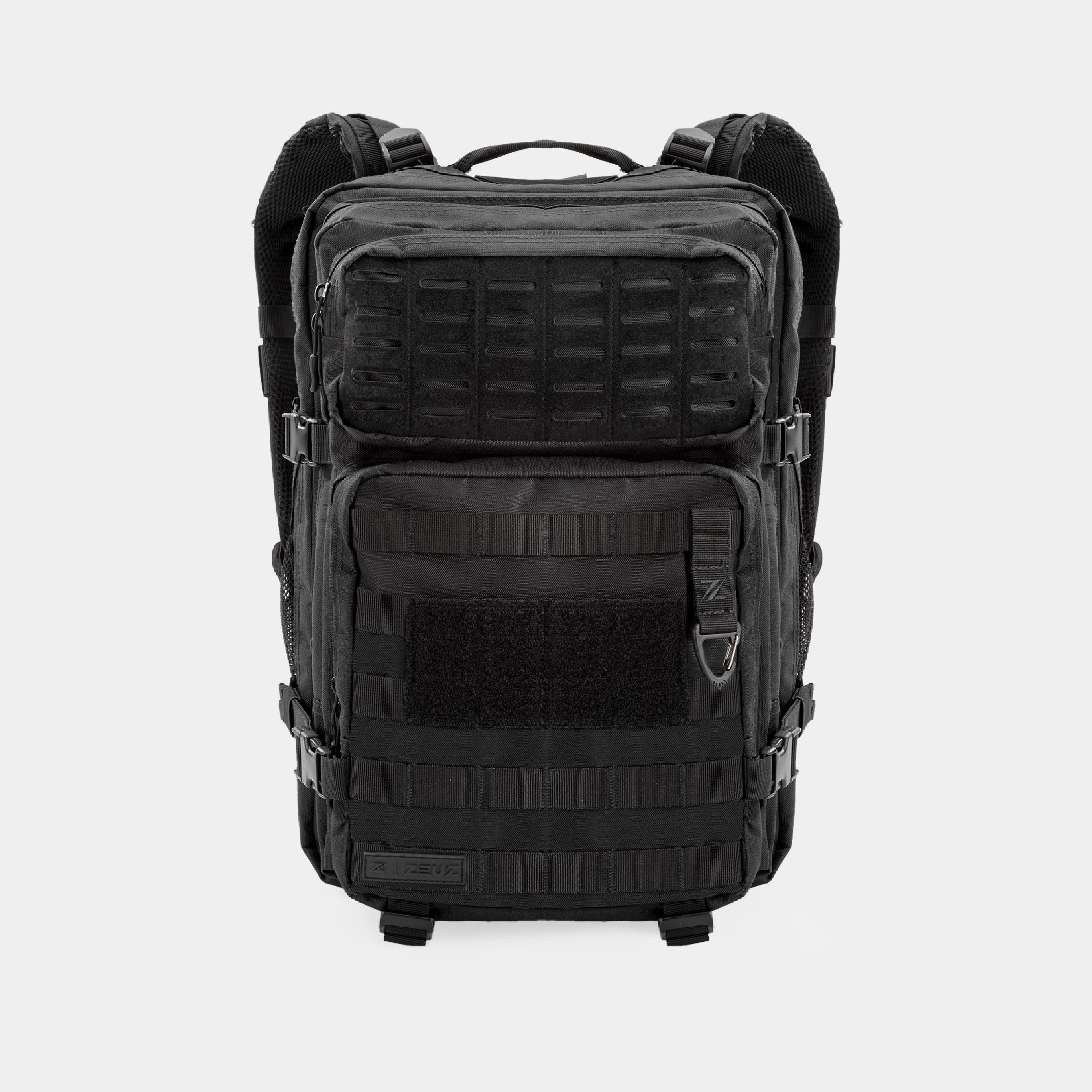 Voorkant van de ZEUZ Tactical Rugzak zwart – voorzien van klittenband voor patches