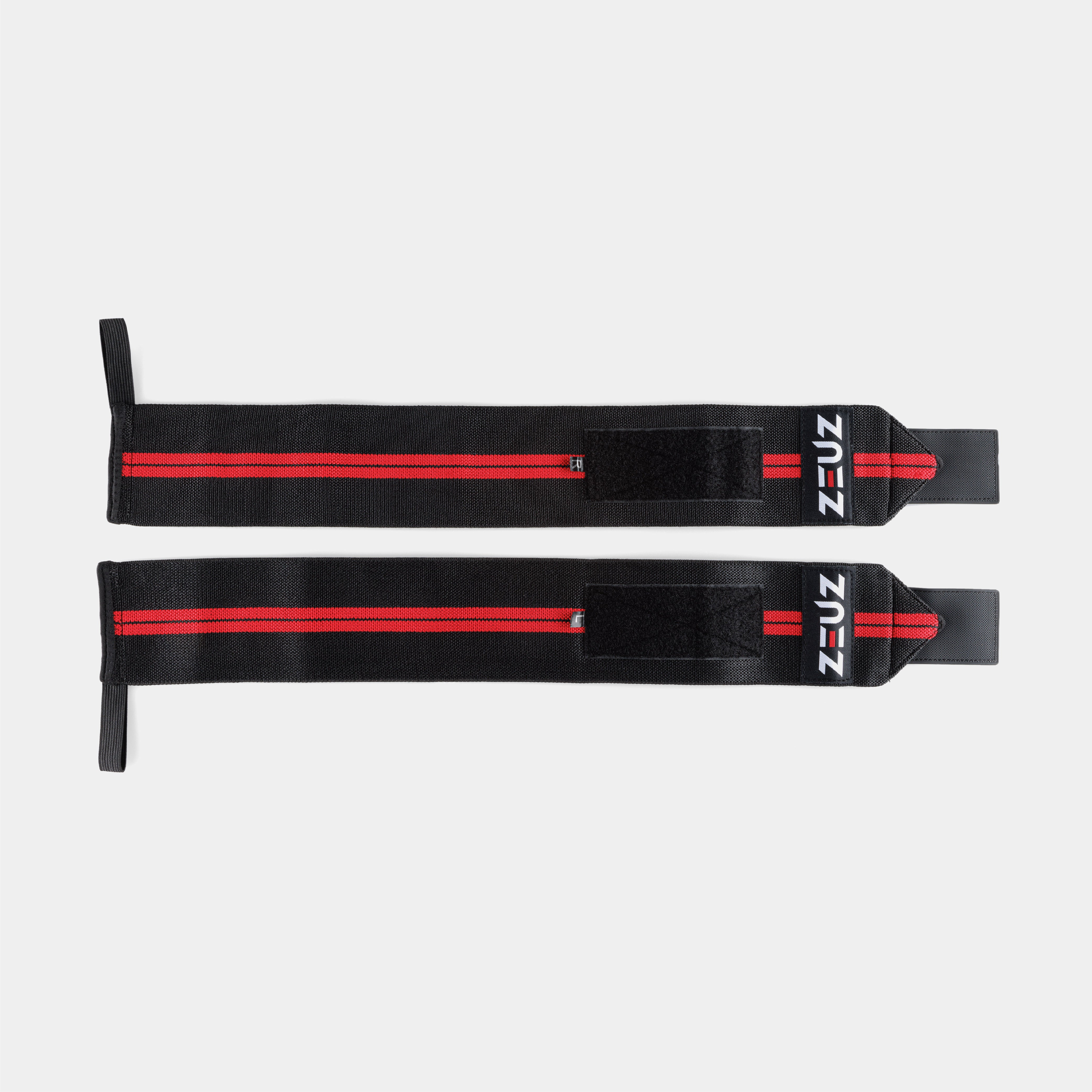 ZEUZ Wrist Wraps zwart met rode strepen – uitgerold om volledige lengte en structuur te tonen