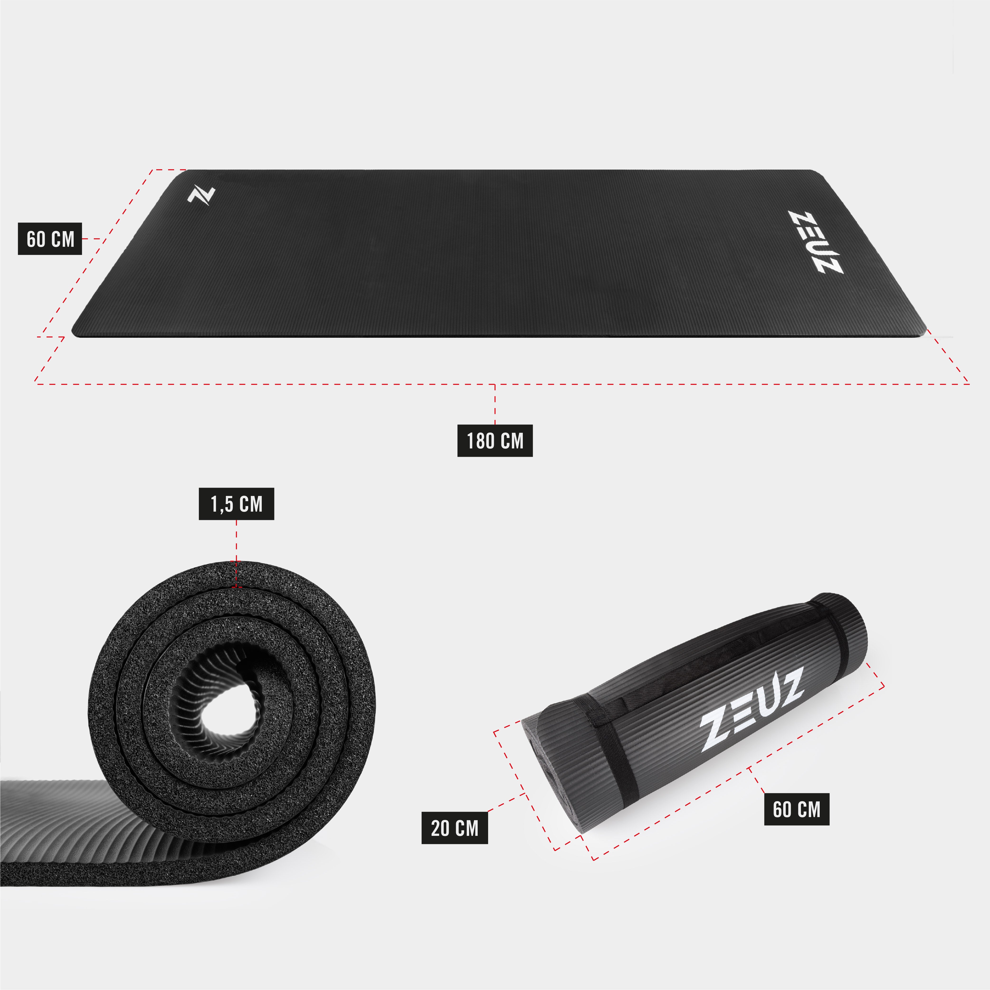 Esterilla ZEUZ para yoga, fitness y deportes, 180 x 60 x 1,5 cm, incluye... Bolsa de transporte - Negra