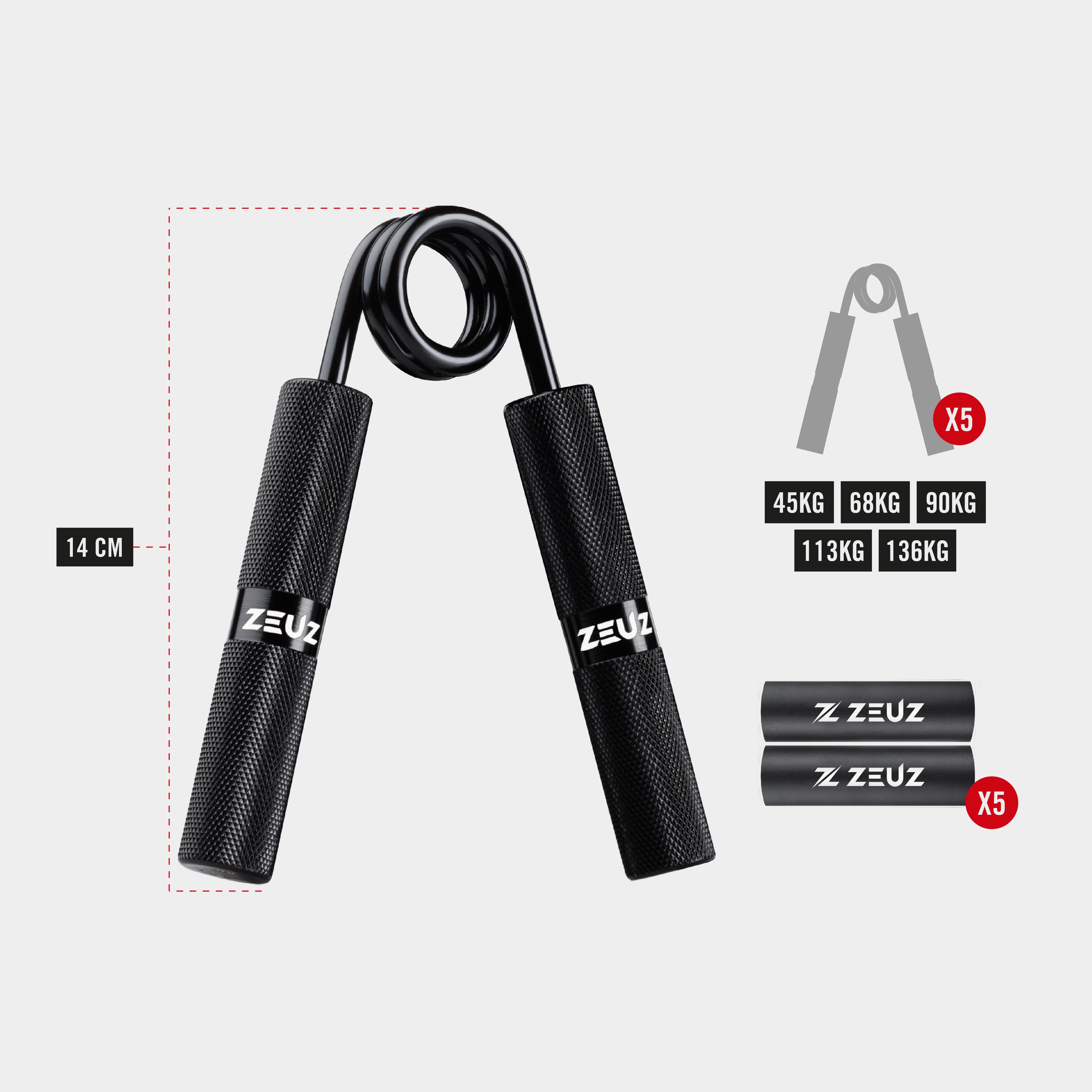 Juego de entrenador manual de metal ZEUZ de 5 piezas: 45 kg, 68 kg, 90 kg, 113 kg, 136 kg - Entrenador de agarre