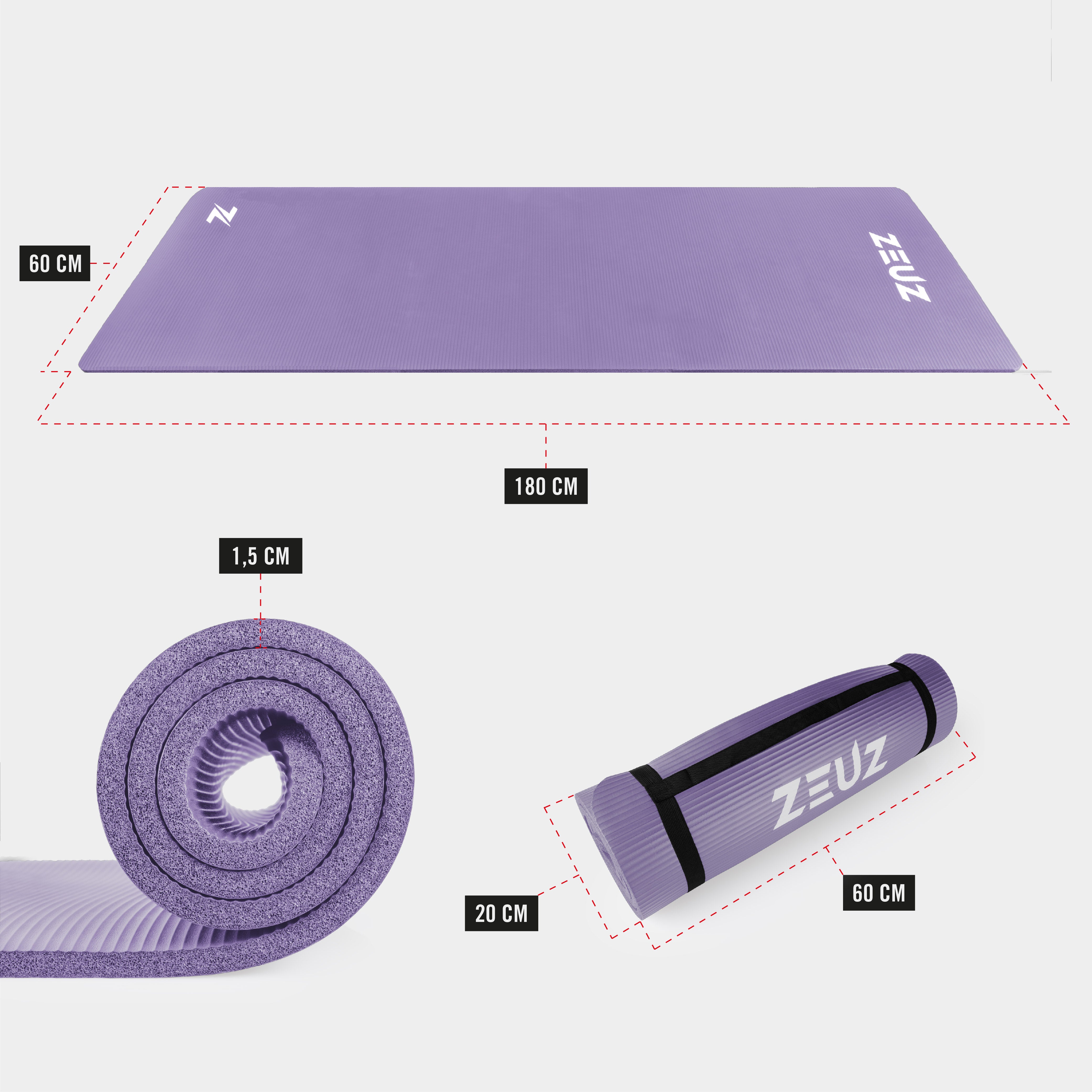 ZEUZ Yoga, Fitness, Sport Mat 180 x 60 x 1,5 CM - Incl. Draagtas