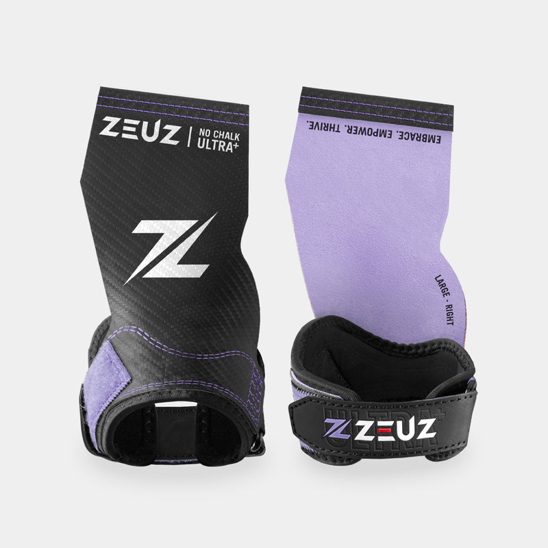 ZEUZ Ultra Plus No Chalk Fitness Grips - Lila – grips met v-vorm polsband