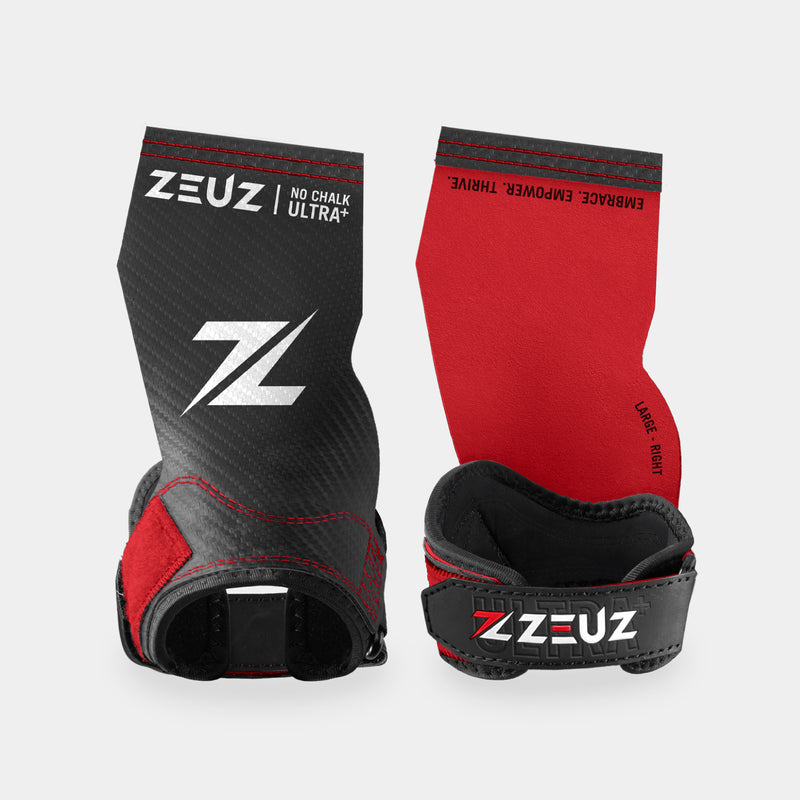 ZEUZ Ultra Plus No Chalk Fitness Grips - Rood – grips met v-vorm polsband